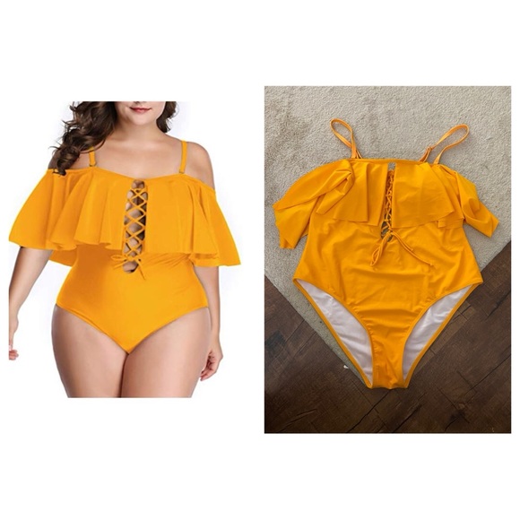 Aqua Eve Other - Aqua Eve women’s plus 18W one piece ruffle lattice swimsuit mustard yellow NWT